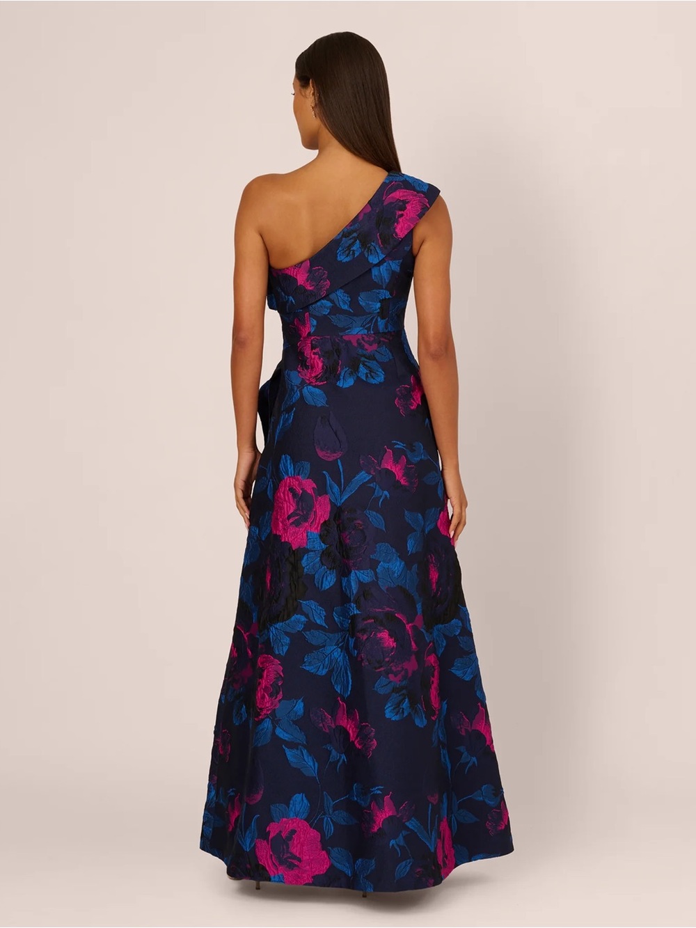 Adrianna Papell One Shoulder Floral Jacquard Gown In Navy Orchid NWT Size 4 - Picture 3 of 12